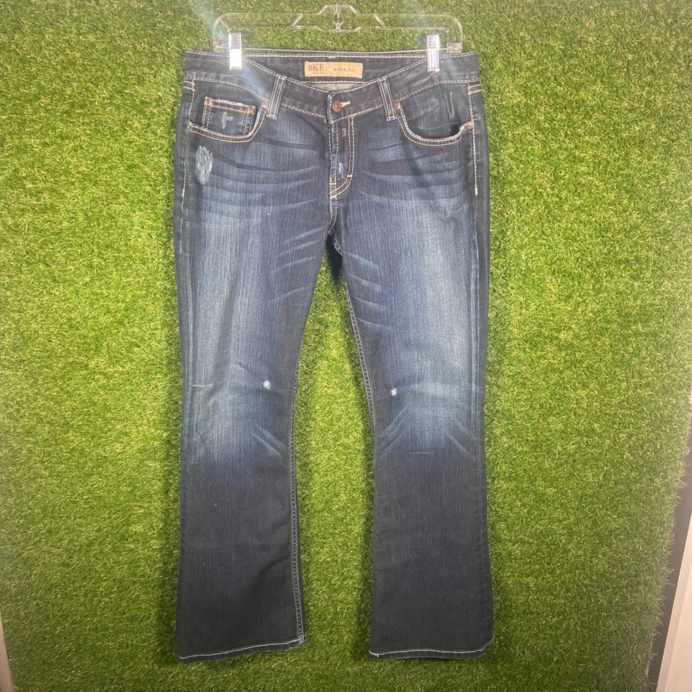 BKE Emma Bootcut Jeans Dark Wash Distressed Low Rise 31x31.5 Mens Womens